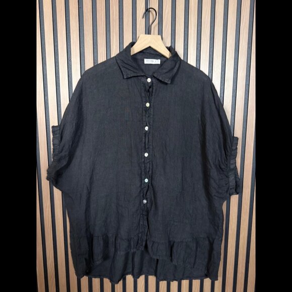 Made in Italy Shirt Dress OS Womens Gray 100% Linen Button Cap Sleeve Tunic - Picture 1 of 6